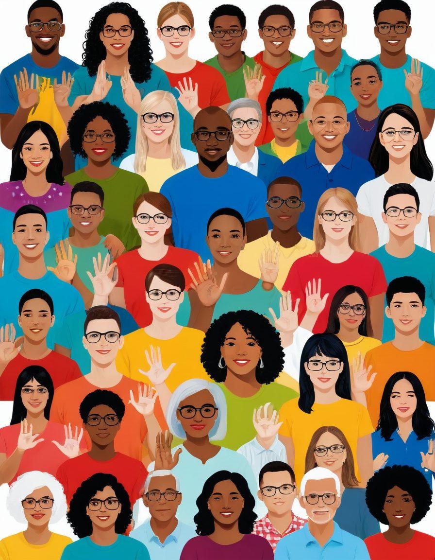 An inclusive community scene showcasing deaf and hearing-impaired individuals of various ages and ethnicities communicating using sign language and assistive devices, surrounded by symbols of advocacy, education, and technology. Vibrant colors, super-realistic, white background.