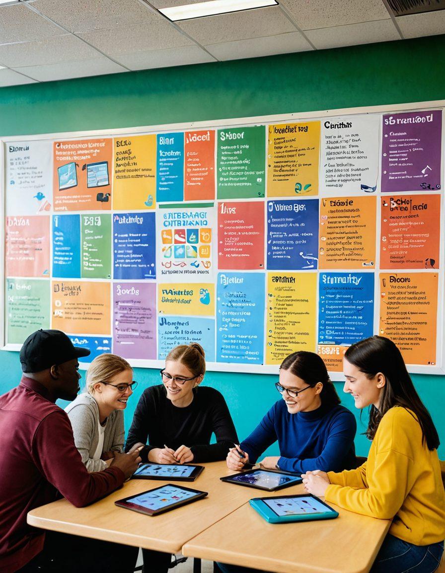 An inspiring scene of a diverse group of people, including both deaf and hearing individuals, collaborating in a brightly colored community center. People are using sign language and tablets with educational apps. In the background, a bulletin board features posters on advocacy and inclusion. Vibrant colors, realistic art style.