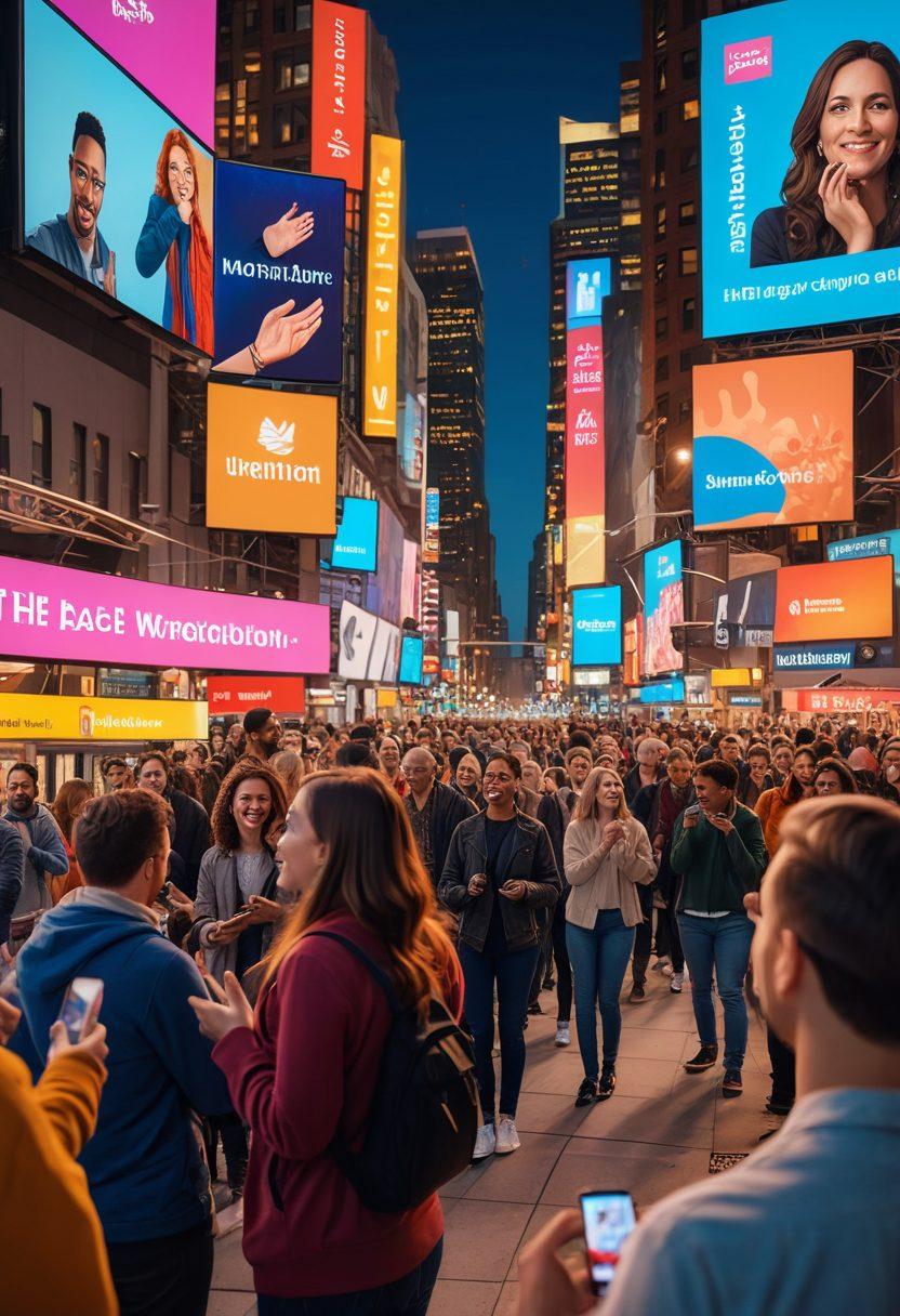 A vibrant and inclusive community scene featuring people signing in American Sign Language, surrounded by technology such as smartphones, hearing aids, and tablets with news apps. A backdrop showcasing a cityscape with digital billboards announcing innovations. Warm, engaging colors inviting readers to explore further. super-realistic. vibrant colors.